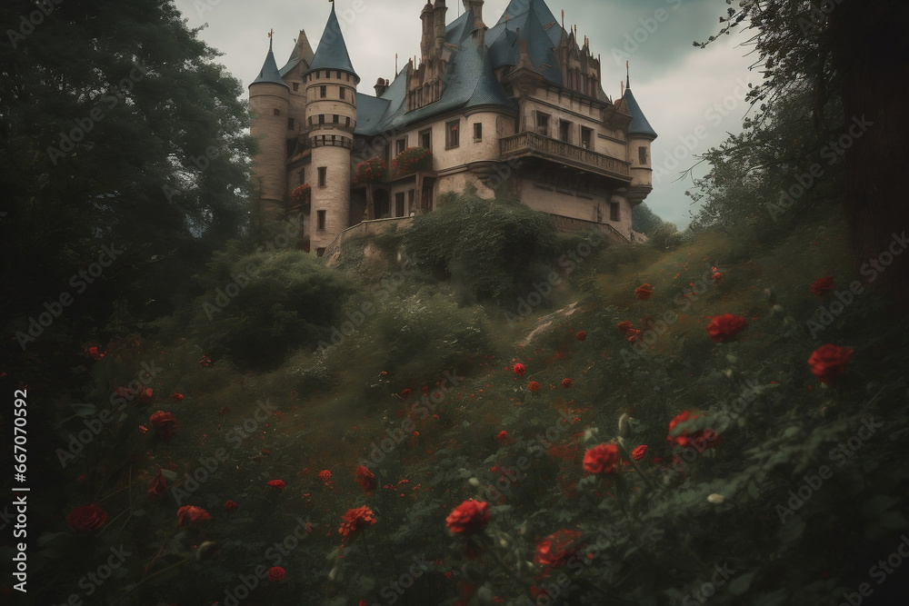 Fairytale castle overgrown with red roses generative ai