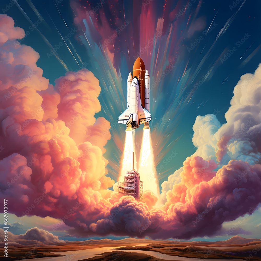 space shuttle takeoff with colored bright clouds retro style