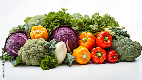 Composition with variety of raw organic vegetables on a white surface. Balanced diet. Food background. Healthy food. Generative AI technology. © Grycaj