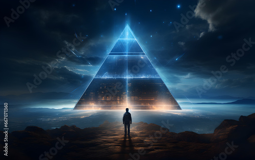 In a future time, a person stands before a glowing pyramid, looking over the bright skyline with awe.