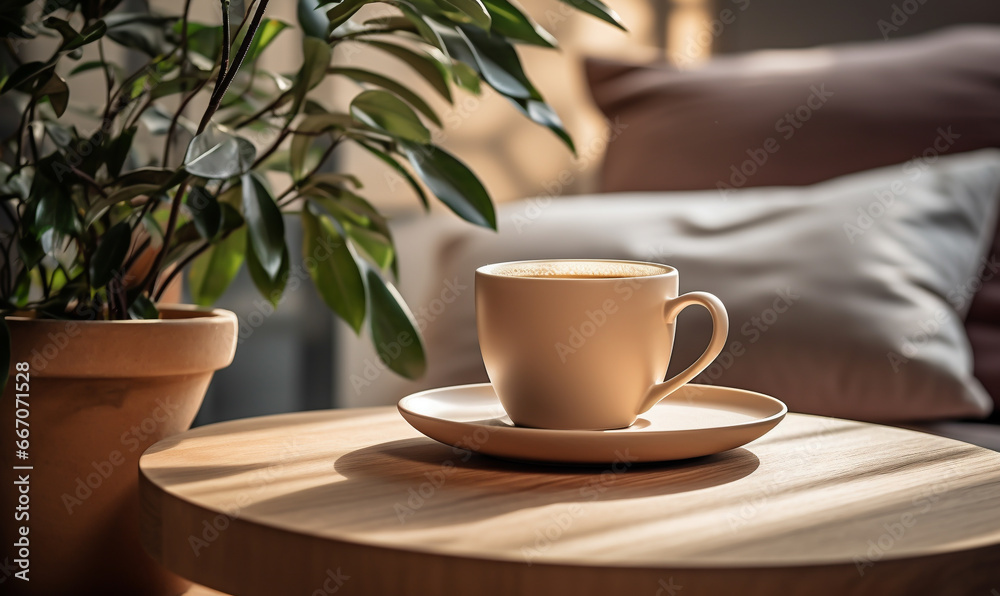 Cup or mug with tea or coffee stands on a table in a very tidy elegant room - theme rest and relaxation