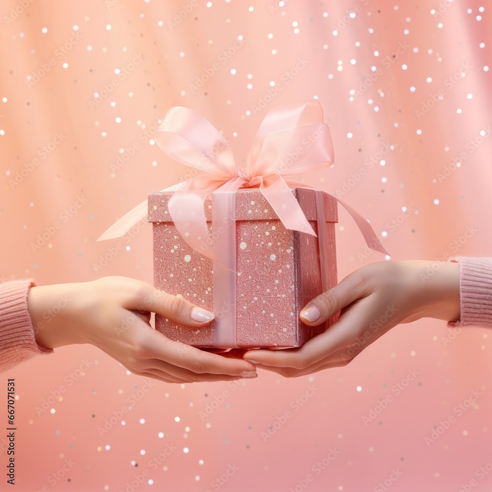 Hands holding a gift box with a bow on a pink background