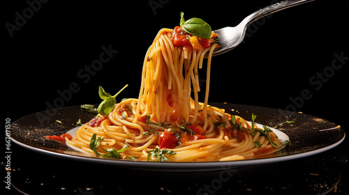 Appetizing spaghetti rolled on fork with typical Italian