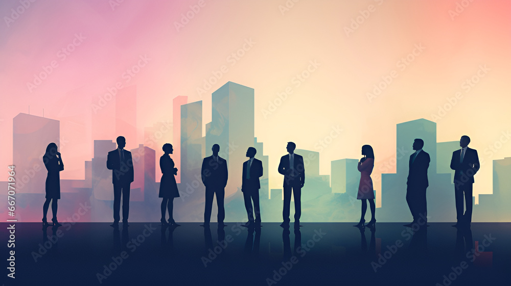 Silhouettes of business people standing against the city | generative AI