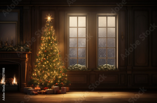 interior with christmas tree. art and decoration