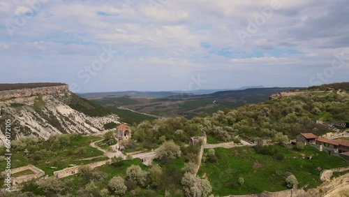 Drone descent with a view of the cave city of Chufut-Kale and the tomb of Tutankhamun’s daughter, Janike. Crimea. photo