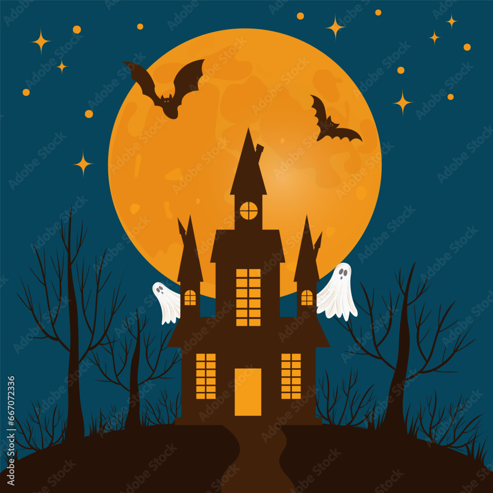 Retro Halloween flyer card with spooky house, ghost and moon. Autumn Halloween scene. Stock vector brochure illustration