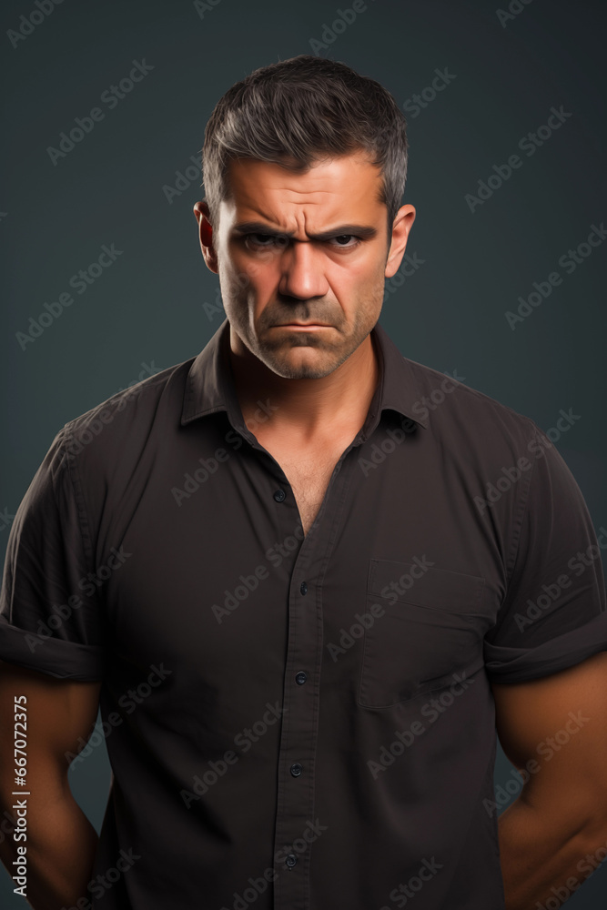 portrait of angry muscular threatening man isolated on plain gray studio background