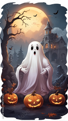 a white cute ghost with halloween card environment spooky house pumpkin lamp illustration 