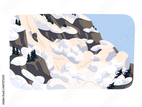 Avalanche, blizzard, earthquake in mountains. Snow landslide, landslip at winter. Snowslide on rock hill, snowy wave slide, slip down. Alpine landscape. Natural disaster flat vector illustration