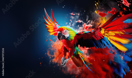 Extreme close-up  of colorful parrot flying from splash of paint, creativity concept © IBEX.Media