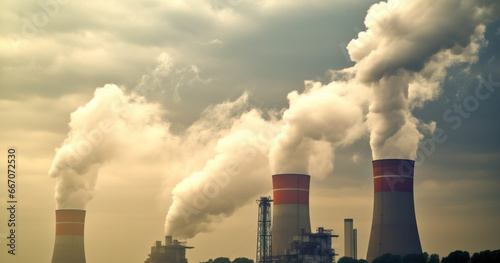 Heavy smoke rising up in the sky from smoke stacks, pollution, global warming concept