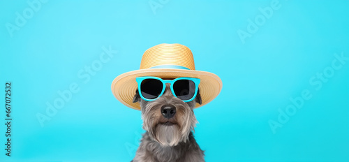 Ready for the summer concept with dog wearing summer hat and sunglasses,  vacation and adventure. Travel preparation and planning © IBEX.Media