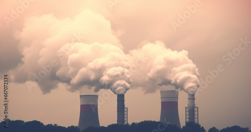 Heavy smoke rising up in the sky fom smoke stacks, pollution, global warming concept
