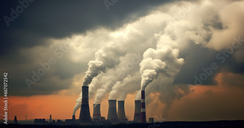 Heavy smoke rising up in the sky from smoke stacks, pollution, global warming concept