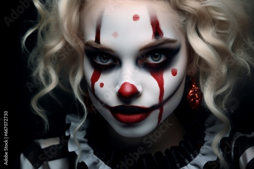 Carnavalesque Girl vampire clown mouth. Fashion art. Generate Ai photo