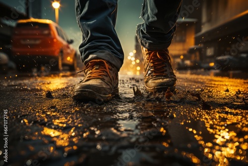 A close-up of the sneakers in wet weather.