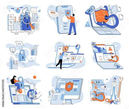 Malware spyware virus. Vector illustration. An attack by trojccompromise security system Effective protection software is essential for defending against malware and spyware The danger hackers