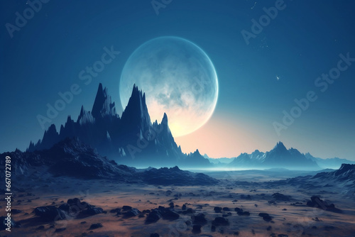 Fantasy landscape of distant planet with mountain and big blue moon behind generative ai