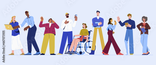 Flat diverse group of happy business people work together. Entrepreneurs, office workers isolated on background. Multinational characters working with gadgets. Equality, diversity and social inclusion