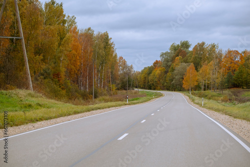 Autumn landscape with asphalt road and forest.