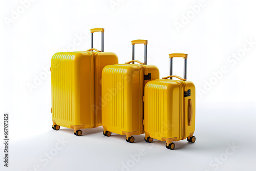 Set of yellow suitcases on white background. Suitcases of different sizes.