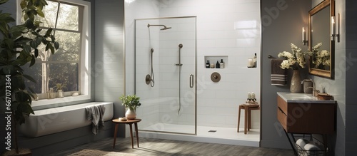 Bathroom with tiled shower stall bathtub window and dual showerheads