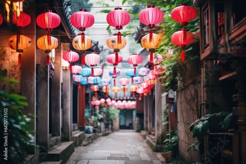 Hanging chinese lanterns over the street © Marharyta