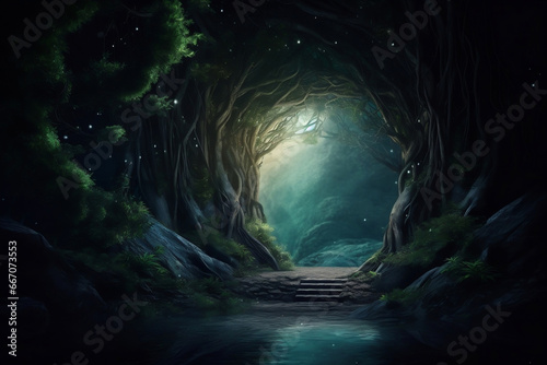 Fantasy night landscape with enchanted elven doorway to another dimension generative ai