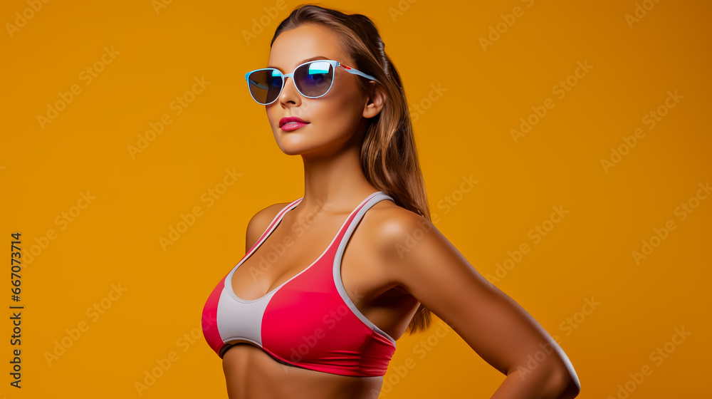 Young woman in sunglasses and cropped top poses on yellow background. Young woman in sunglasses and cropped top poses on yellow background.