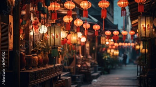 Lanterns hanging across an old chinese street