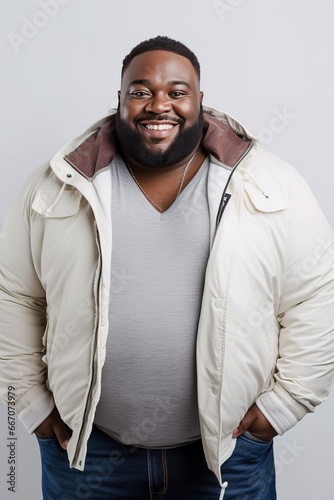 Fat African-American man with beard on gray background.