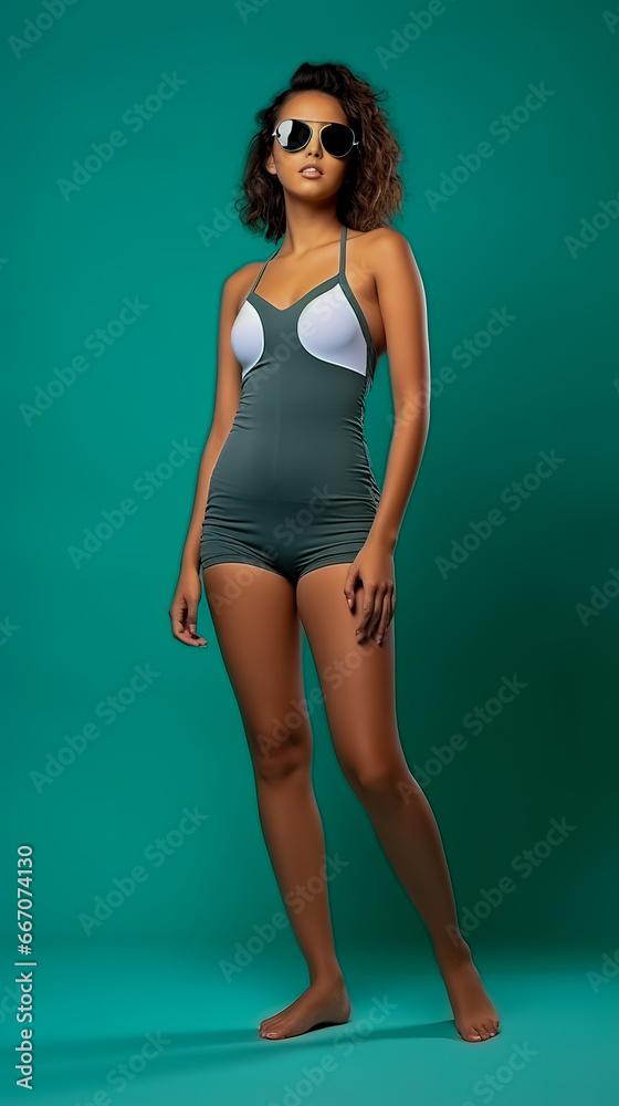 Young woman in swimsuit poses for camera. Young woman in swimsuit poses for camera.
