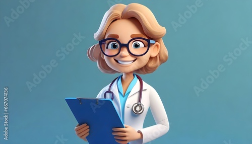 3d render, cartoon character smart trustworthy doctor wears glasses and holds blue clipboard. Professional caucasian male specialist. Medical clip art isolated on blue background. Hospital assistant	
