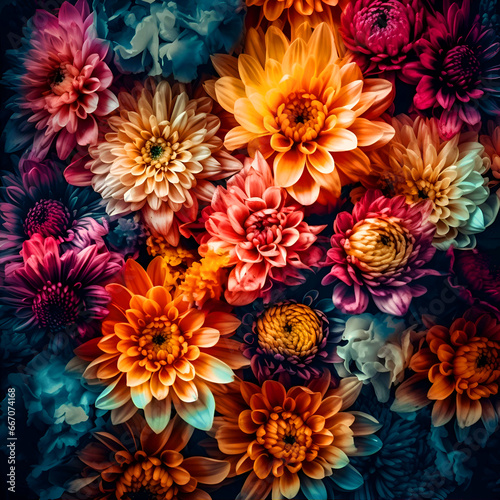 Colorful chrysanthemum flowers on a dark background.