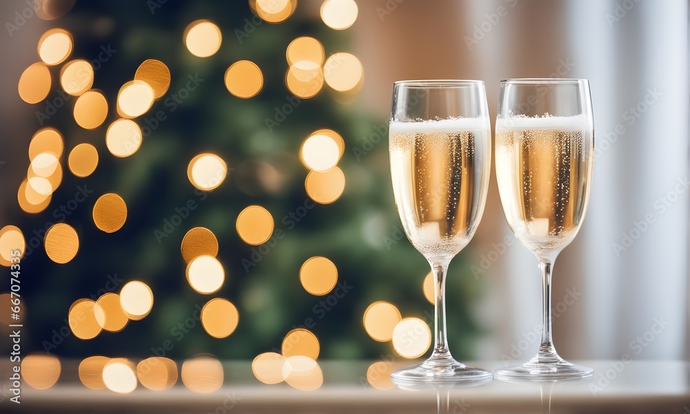Two champagne glasses in festive Christmas ambiance