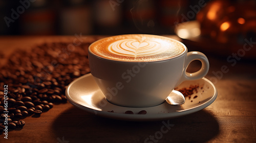 A close-up shot of a cup of hot coffee with beans on a table with warn lighting