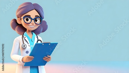 3d render, cartoon character smart trustworthy doctor wears glasses and holds blue clipboard. Professional caucasian male specialist. Medical clip art isolated on blue background. Hospital assistant	
