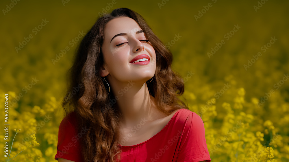 Young woman with curly hair laughs with her eyes covered.