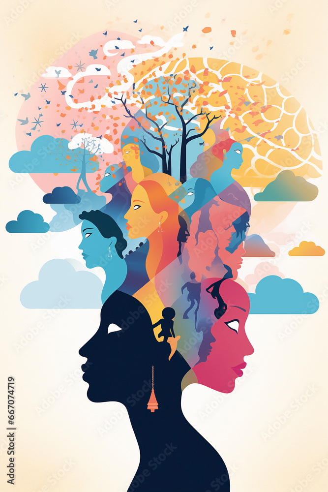 Meeting of emotional, mental and behavioral divergence living in society with a collective dream. Silhouette group of seven creative people outside the norm gathered under colorful cumulus clouds.