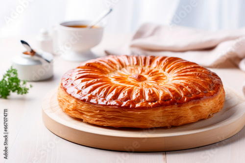 Galette des rois on wooden table. Traditional Epiphany cake in France photo