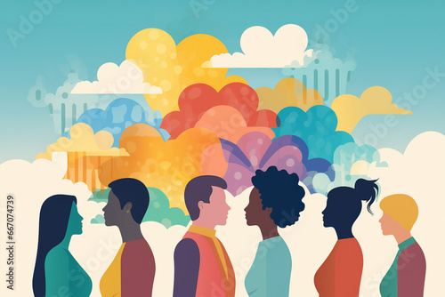 Meeting of emotional, mental and behavioral divergence living in society with a collective dream. Silhouette group of six creative people outside the norm gathered under colorful cumulus clouds.