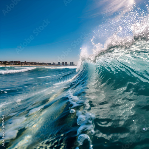 Blue ocean wave and cityscape in the background on sunny day.