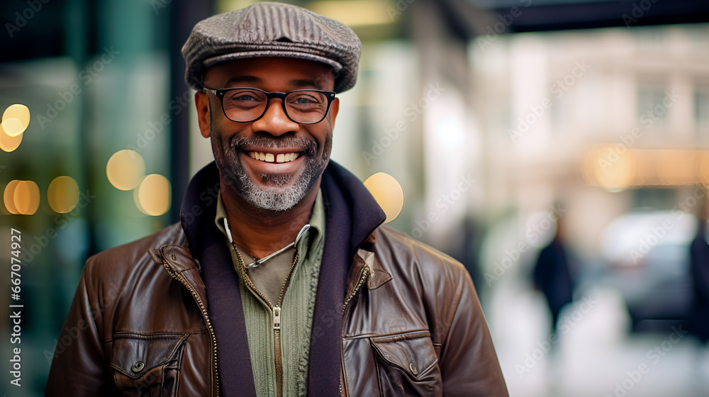 Smiling African-American man in cap standing on the street. Smiling African-American man in cap standing on the street.