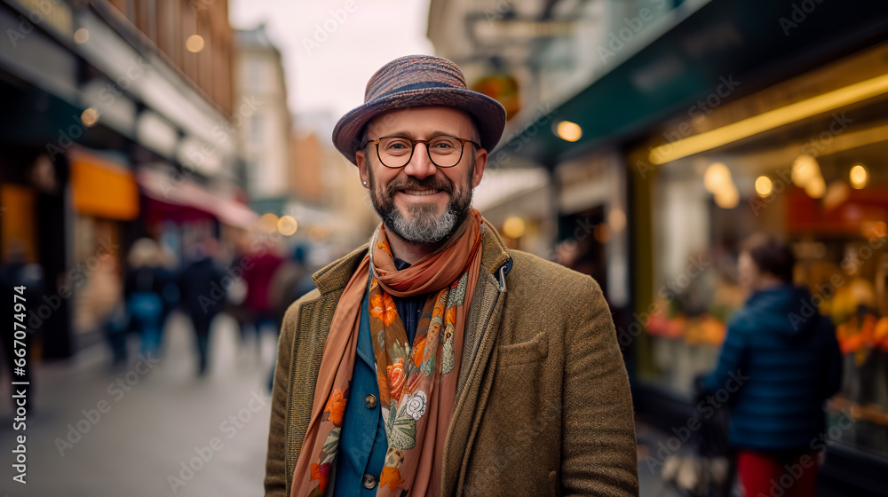Bearded man in a hat and glasses posing on the street. Bearded man in a hat and glasses posing on the street.