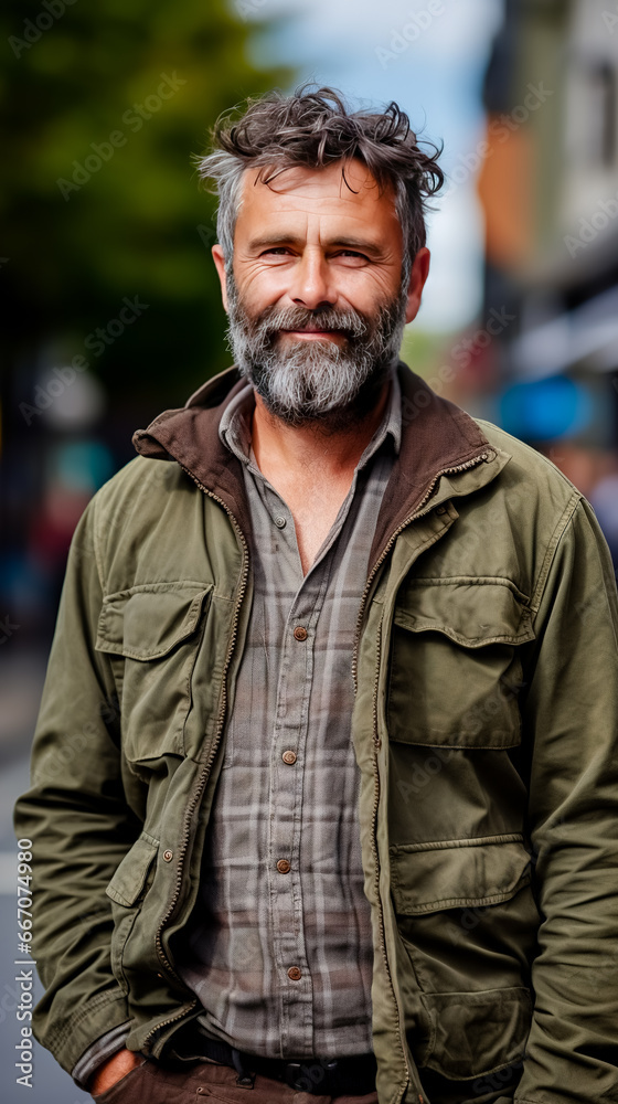 Bearded man in jacket on the street.