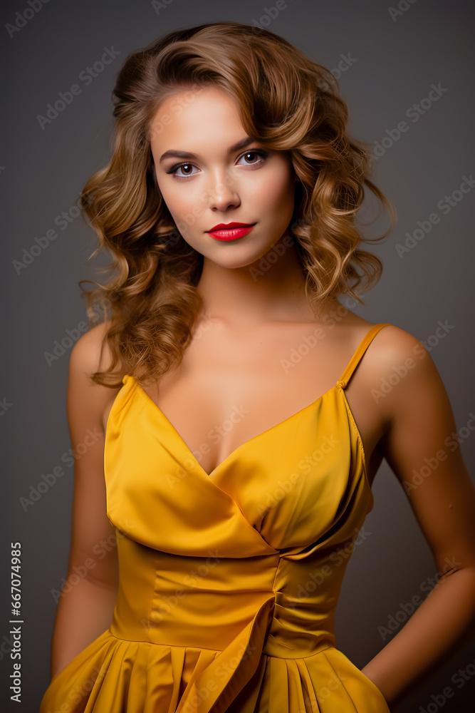 Naklejka premium Young woman in yellow dress on gray background.