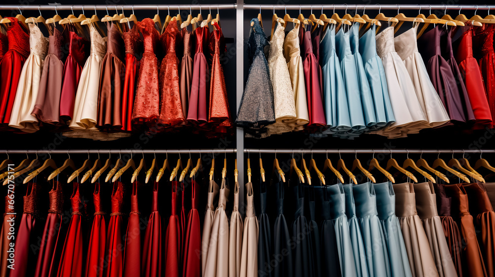 Children's dresses on a rack in a row in a store window.