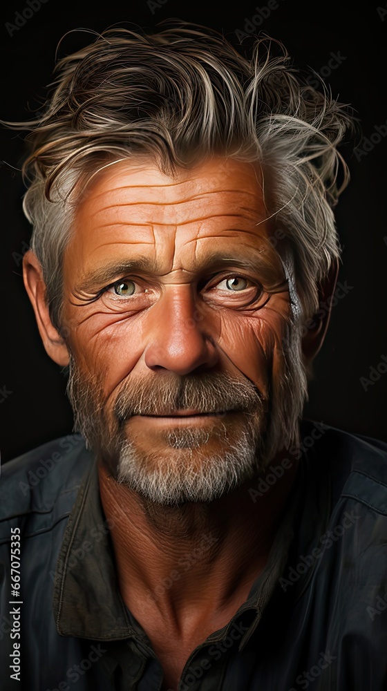 Portrait Of A Mature Man with a Little smile At The Camera. Right side of the picture. Man face portrait illustration. Generative AI Portrait Of A Mature Man with a Little smile At The Camera. Right side of the picture. Man face portrait illustration. Generative AI