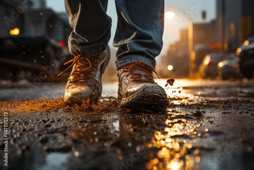 A close-up of the sneakers in wet weather. © Mike